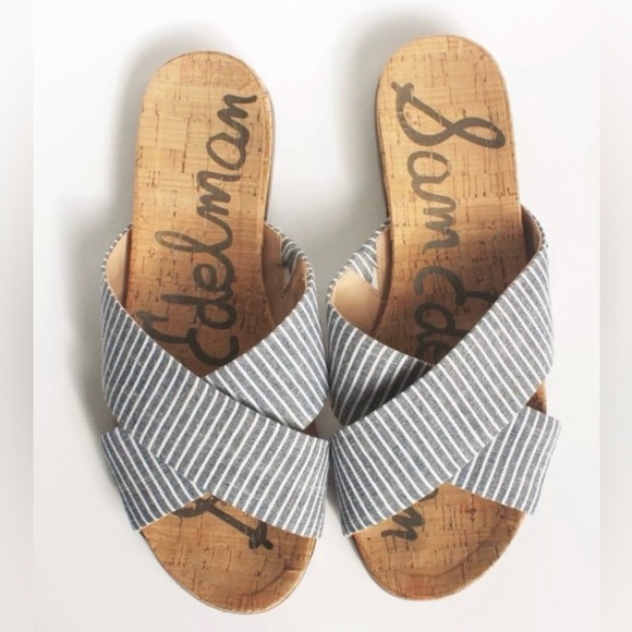 Sam Edelman | Women’s Blue/White Stripe Hattie Crisscross Canvas Slip On Flats - Picture 16 of 16